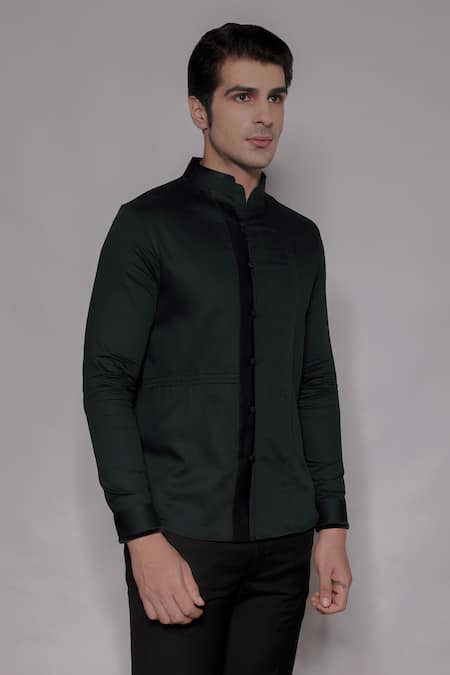 Shop_Lacquer Embassy_Emerald Green Cotton Satin Piping Kingswell Mandarin Collar Shirt _Online_at_Aza_Fashions