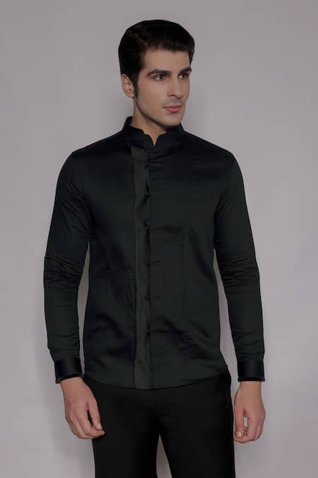 Lacquer Embassy Emerald Green Cotton Satin Kingswell Mandarin Collar Shirt 