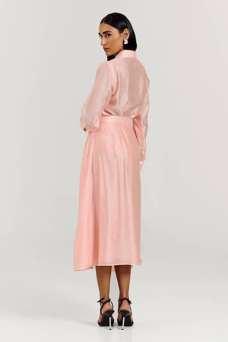 Shop Notsosure Pink Chanderi Silk Fabric Flowers Collared 3d Embellished Shirt With Skirt at Aza Fashions Shop_Notsosure_Pink Chanderi Silk Fabric Flowers Collared 3d Embellished Shirt With Skirt _at_Aza_Fashions