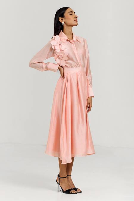 Notsosure Pink Chanderi Silk Fabric Flowers Collared 3d Embellished Shirt With Skirt Online at Aza Fashions Notsosure_Pink Chanderi Silk Fabric Flowers Collared 3d Embellished Shirt With Skirt _Online_at_Aza_Fashions