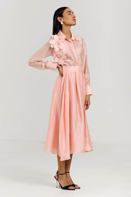 Notsosure Pink Chanderi Silk Fabric Flowers Collared 3d Embellished Shirt Online at Aza Fashions Notsosure_Pink Chanderi Silk Fabric Flowers Collared 3d Embellished Shirt _Online_at_Aza_Fashions