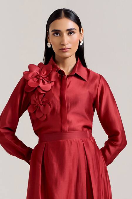 Notsosure Red Chanderi Silk Fabric Flowers Collared 3d Floral Embellished Shirt With Skirt Online at Aza Fashions Notsosure_Red Chanderi Silk Fabric Flowers Collared 3d Floral Embellished Shirt With Skirt _Online_at_Aza_Fashions