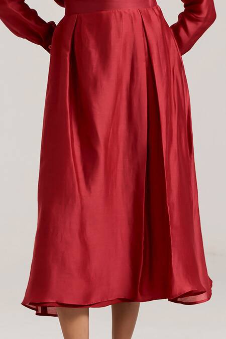 Shop Notsosure Red Chanderi Silk Fabric Flowers Collared 3d Floral Embellished Shirt With Skirt Online at Aza Fashions Shop_Notsosure_Red Chanderi Silk Fabric Flowers Collared 3d Floral Embellished Shirt With Skirt _Online_at_Aza_Fashions