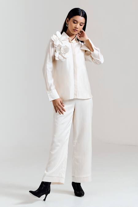 Notsosure White Chanderi Silk Fabric Flowers 3d Floral Embellished Shirt And Pant Set Online at Aza Fashions Notsosure_White Chanderi Silk Fabric Flowers 3d Floral Embellished Shirt And Pant Set _Online_at_Aza_Fashions