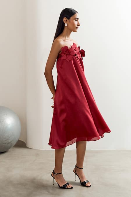 Shop_Notsosure_Red Chanderi Silk Fabric Flowers Bandeau Neck 3d Floral Embellished Tube Dress _Online_at_Aza_Fashions
