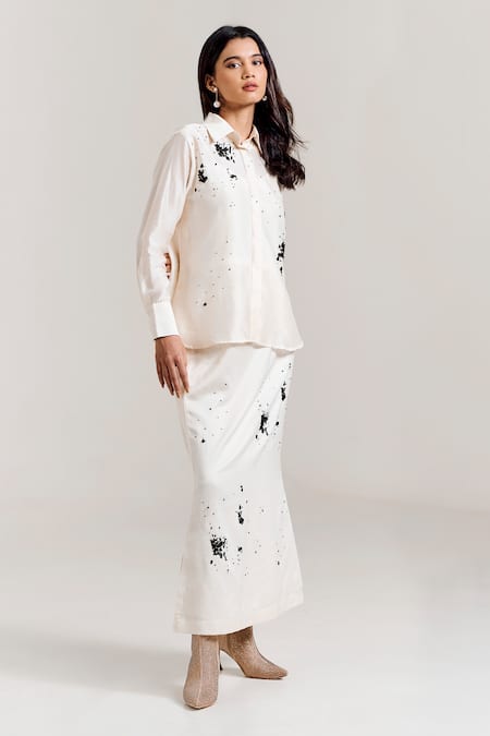 Notsosure_White Chanderi Silk Embroidery Collared Abstract Shirt _Online_at_Aza_Fashions