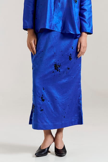 Notsosure_Blue Chanderi Silk Embroidery Collared Scatter Shirt With Skirt _Online_at_Aza_Fashions