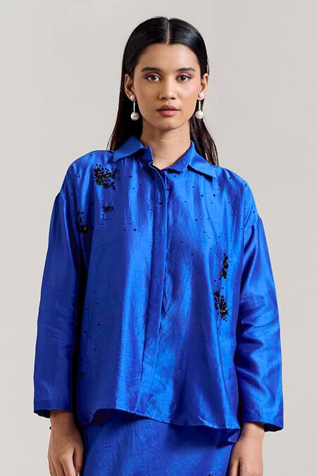 Buy_Notsosure_Blue Chanderi Silk Embroidery Collared Scatter Shirt With Skirt _Online_at_Aza_Fashions