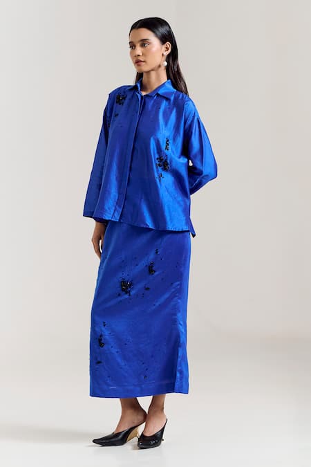 Notsosure_Blue Chanderi Silk Embroidery Collared Scatter Shirt _Online_at_Aza_Fashions