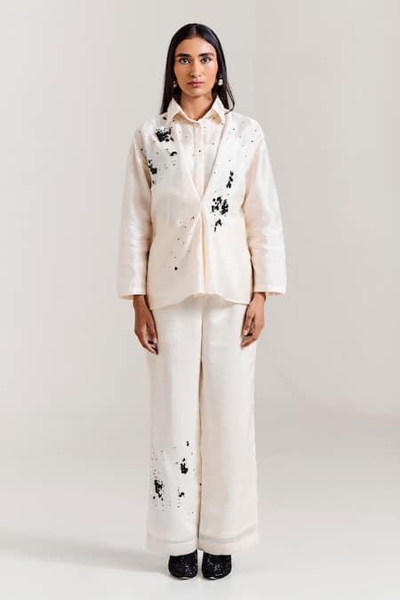 Notsosure_Off White Chanderi Silk Beads Collared Abstract Embroidered Shirt With Pant _Online_at_Aza_Fashions