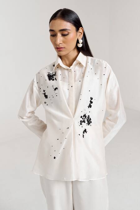 Notsosure_Off White Chanderi Silk Beads Collared Abstract Embroidered Shirt With Pant _at_Aza_Fashions