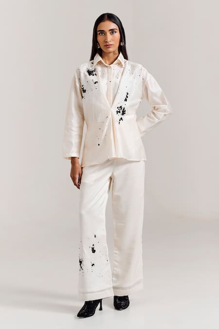 Buy_Notsosure_White Chanderi Silk Beads Collared Abstract Embroidered Shirt _Online_at_Aza_Fashions