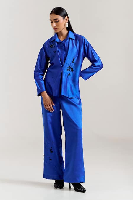 Notsosure_Blue Chanderi Silk Embroidery Collared Scatter Shirt With Pant _Online_at_Aza_Fashions