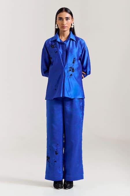 Notsosure_Blue Chanderi Silk Collared Scatter Shirt Top _Online_at_Aza_Fashions