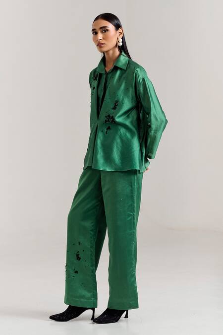 Notsosure Green Chanderi Silk Embroidery Collared Scatter Shirt With Pant Online at Aza Fashions Notsosure_Green Chanderi Silk Embroidery Collared Scatter Shirt With Pant _Online_at_Aza_Fashions
