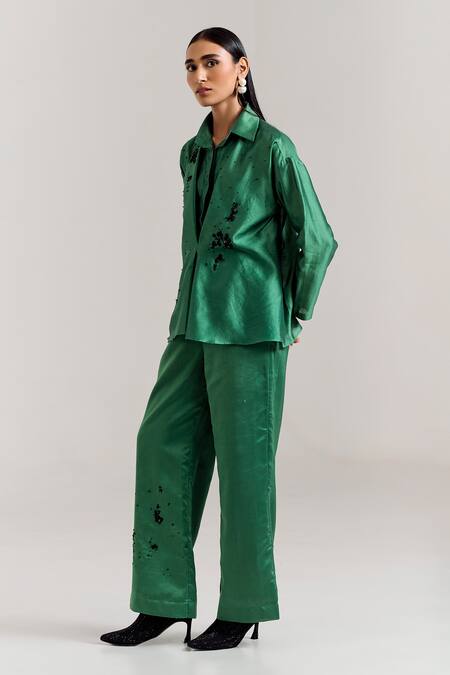 Notsosure_Green Chanderi Silk Sequins Collared Scatter Shirt Top _Online_at_Aza_Fashions