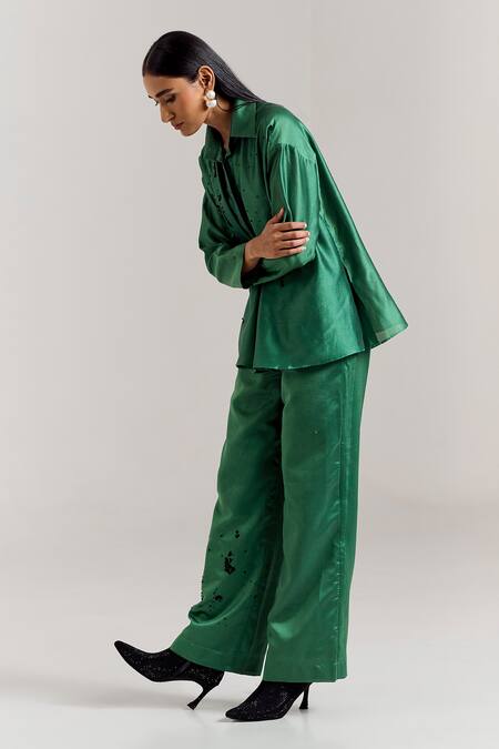 Buy_Notsosure_Green Chanderi Silk Sequins Collared Scatter Shirt Top _Online_at_Aza_Fashions