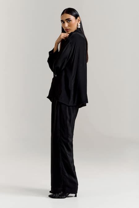 Notsosure Black Crepe Embroidery Collared Scatter Shirt With Pant Online at Aza Fashions Notsosure_Black Crepe Embroidery Collared Scatter Shirt With Pant _Online_at_Aza_Fashions