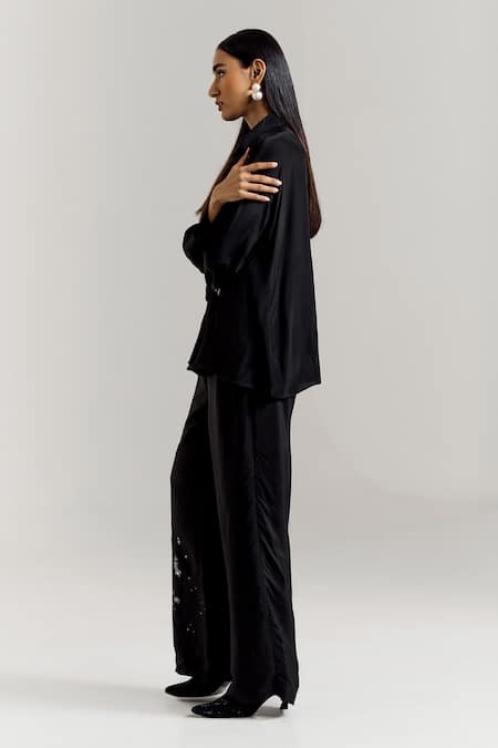 Shop Notsosure Black Crepe Embroidery Collared Scatter Shirt With Pant Online at Aza Fashions Shop_Notsosure_Black Crepe Embroidery Collared Scatter Shirt With Pant _Online_at_Aza_Fashions