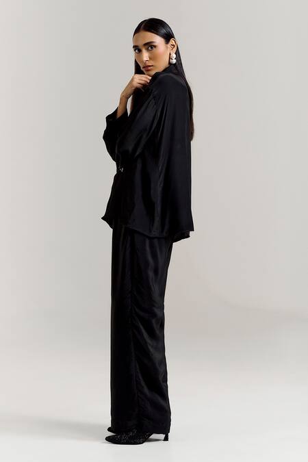 Notsosure_Black Crepe Embroidery Collared Scatter Shirt _Online_at_Aza_Fashions