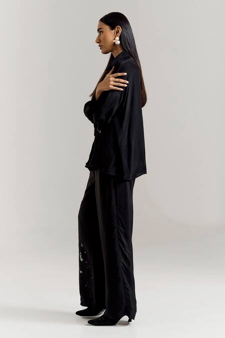 Buy_Notsosure_Black Crepe Embroidery Collared Scatter Shirt _Online_at_Aza_Fashions