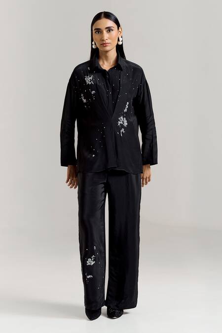 Shop_Notsosure_Black Crepe Embroidery Collared Scatter Shirt _Online_at_Aza_Fashions