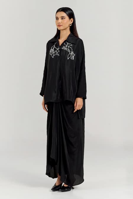 Notsosure_Black Crepe Embroidery Collared Big Rose Pattern Shirt _Online_at_Aza_Fashions