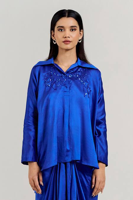 Buy_Notsosure_Blue Chanderi Silk Embroidery Collared Big Floral Pattern Shirt With Skirt _Online_at_Aza_Fashions
