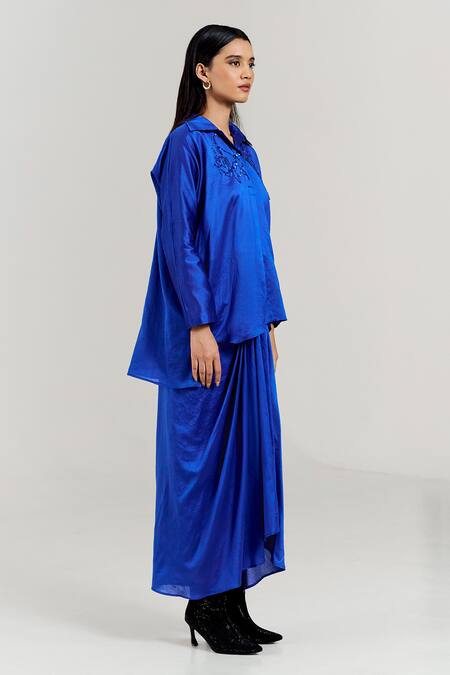 Shop_Notsosure_Blue Chanderi Silk Embroidery Collared Big Floral Pattern Shirt With Skirt _Online_at_Aza_Fashions