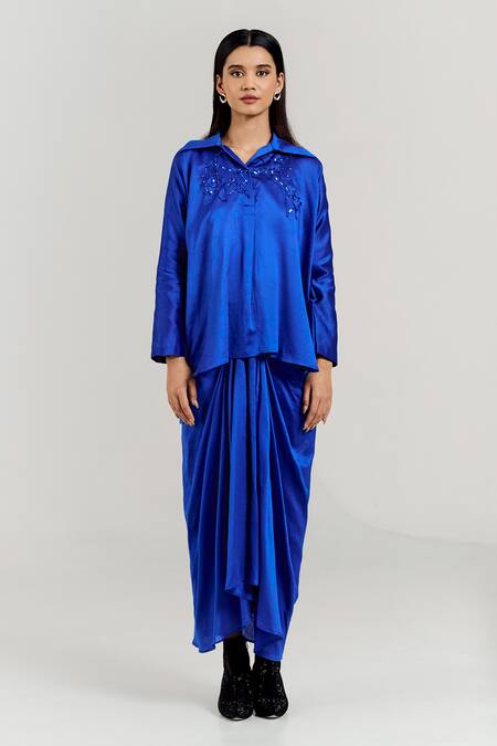 Notsosure_Blue Chanderi Silk Embroidery Collared Big Rose Shirt _Online_at_Aza_Fashions