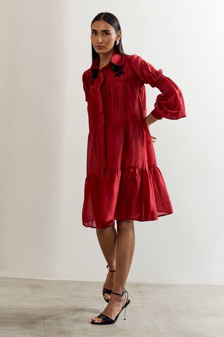 Notsosure_Red Chanderi Silk Embroidery Collared Flower Dress _Online_at_Aza_Fashions