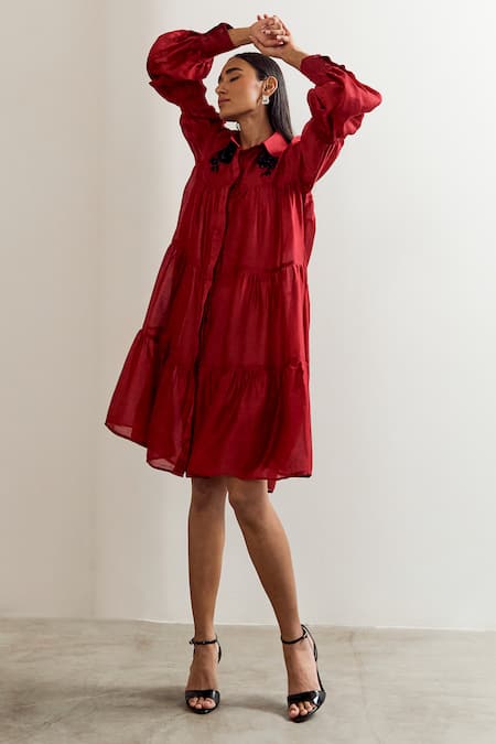 Notsosure_Red Chanderi Silk Embroidery Collared Flower Dress _at_Aza_Fashions