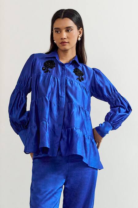 Buy_Notsosure_Blue Chanderi Silk Embroidery Collared Floral Shirt With Pant _Online_at_Aza_Fashions