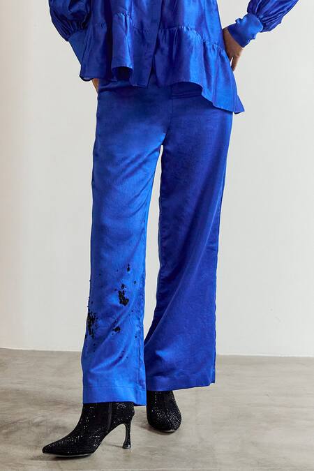 Shop_Notsosure_Blue Chanderi Silk Embroidery Collared Floral Shirt With Pant _Online_at_Aza_Fashions