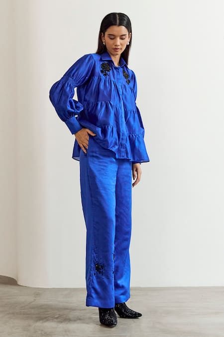 Notsosure Blue Chanderi Silk Embroidery Collared Floral Shirt Online at Aza Fashions Notsosure_Blue Chanderi Silk Embroidery Collared Floral Shirt _Online_at_Aza_Fashions