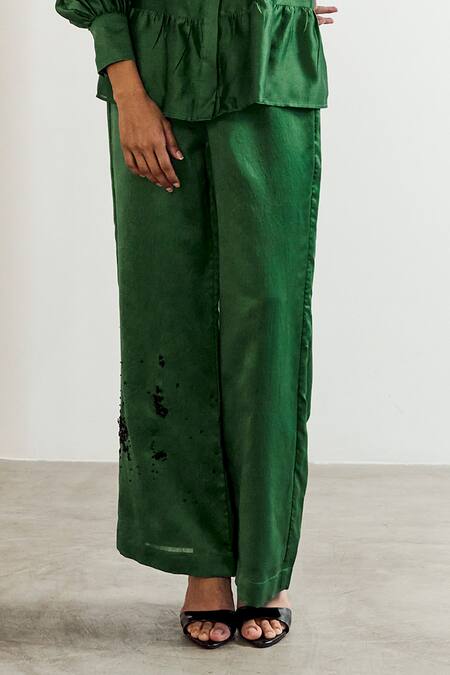 Buy_Notsosure_Green Chanderi Silk Embroidery Collared Frill Shirt With Pant _Online_at_Aza_Fashions