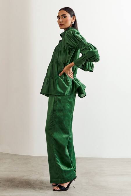 Shop_Notsosure_Green Chanderi Silk Embroidery Collared Frill Shirt With Pant _Online_at_Aza_Fashions