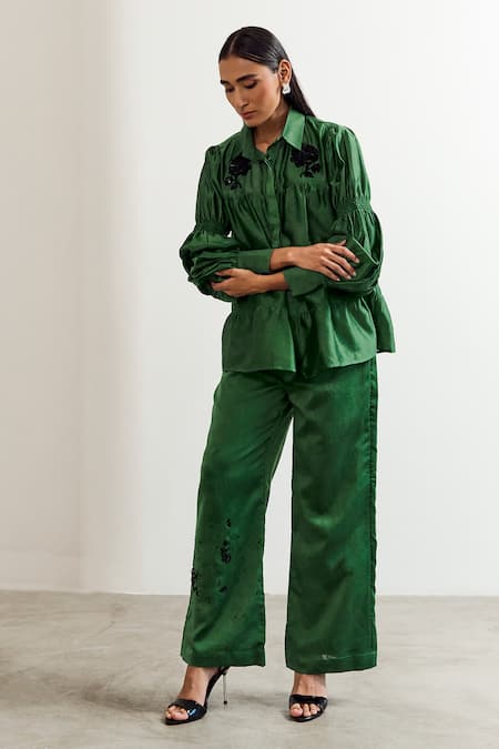 Notsosure_Green Chanderi Silk Embroidery Collared Frill Shirt With Pant _at_Aza_Fashions