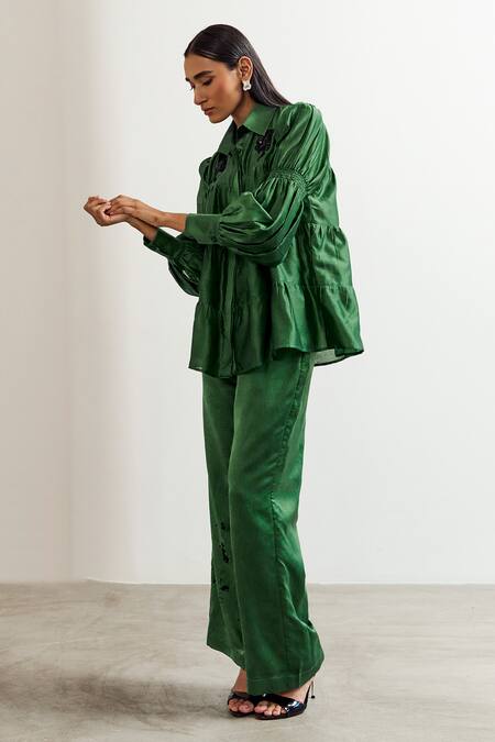 Buy_Notsosure_Green Chanderi Silk Embroidery Collared Frill Shirt With Pant 