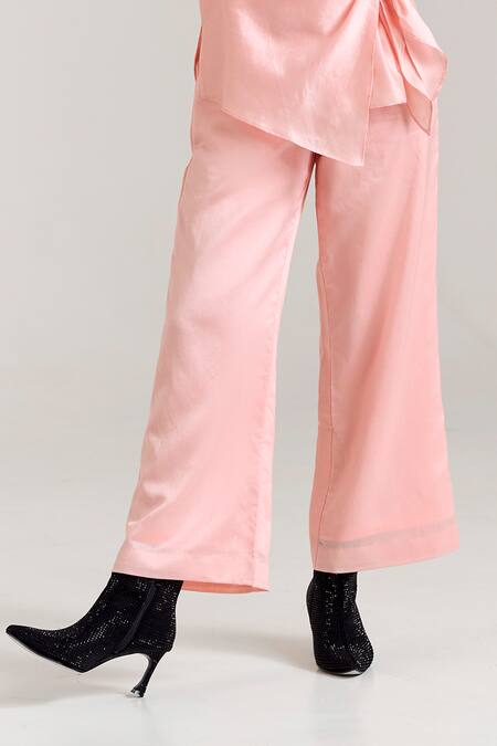 Notsosure_Pink Chanderi Silk Brooches, Fabric Flowers Collared Embellished Shirt With Pant _Online_at_Aza_Fashions