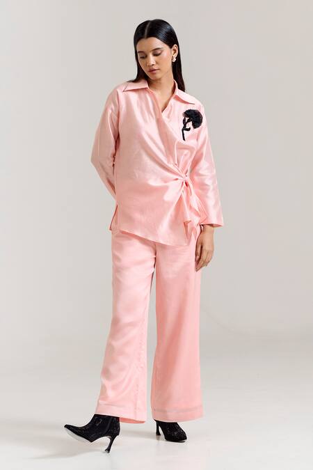 Buy_Notsosure_Pink Chanderi Silk Brooches, Fabric Flowers Collared Embellished Shirt With Pant _Online_at_Aza_Fashions