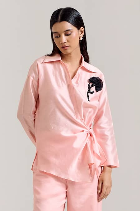 Shop_Notsosure_Pink Chanderi Silk Brooches, Fabric Flowers Collared Embellished Shirt With Pant _Online_at_Aza_Fashions