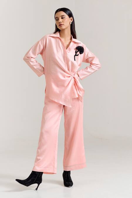 Notsosure_Pink Chanderi Silk Brooches, Fabric Flowers Collared Embellished Shirt With Pant _at_Aza_Fashions