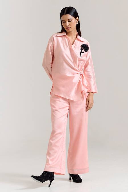 Buy_Notsosure_Pink Chanderi Silk Fabric Flowers Collared Brooch Embellished Shirt _Online_at_Aza_Fashions