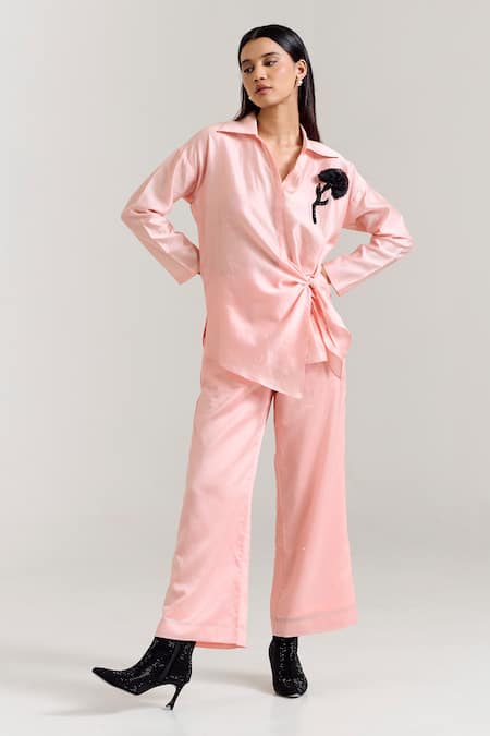 Shop_Notsosure_Pink Chanderi Silk Fabric Flowers Collared Brooch Embellished Shirt _Online_at_Aza_Fashions