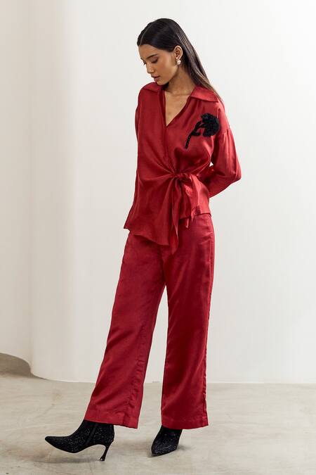 Notsosure_Red Chanderi Silk Fabric Flowers Collared, Floral Embellished Shirt With Pant _Online_at_Aza_Fashions