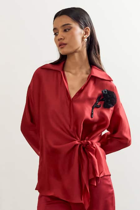 Notsosure_Red Chanderi Silk Fabric Flowers Collared, V-neck Floral Embellished Shirt _Online_at_Aza_Fashions