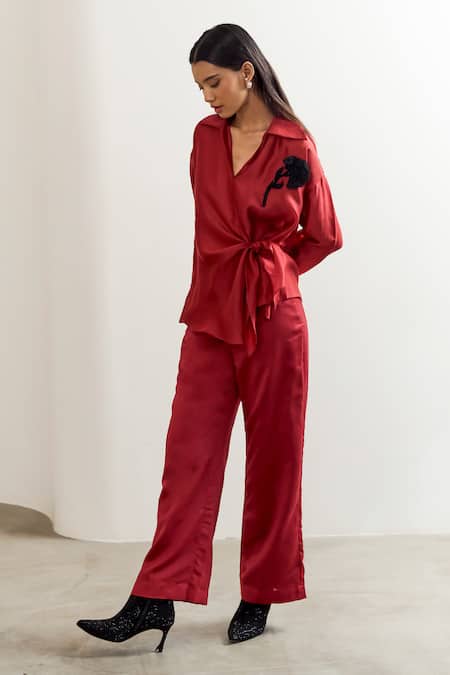 Buy_Notsosure_Red Chanderi Silk Fabric Flowers Collared, V-neck Floral Embellished Shirt _Online_at_Aza_Fashions