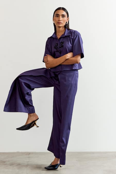 Notsosure_Purple Cotton Embroidery Collared Flower Shirt And Pant Set _Online_at_Aza_Fashions