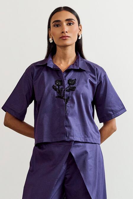 Notsosure_Purple Cotton Embroidery Collared Flower Shirt And Pant Set _at_Aza_Fashions